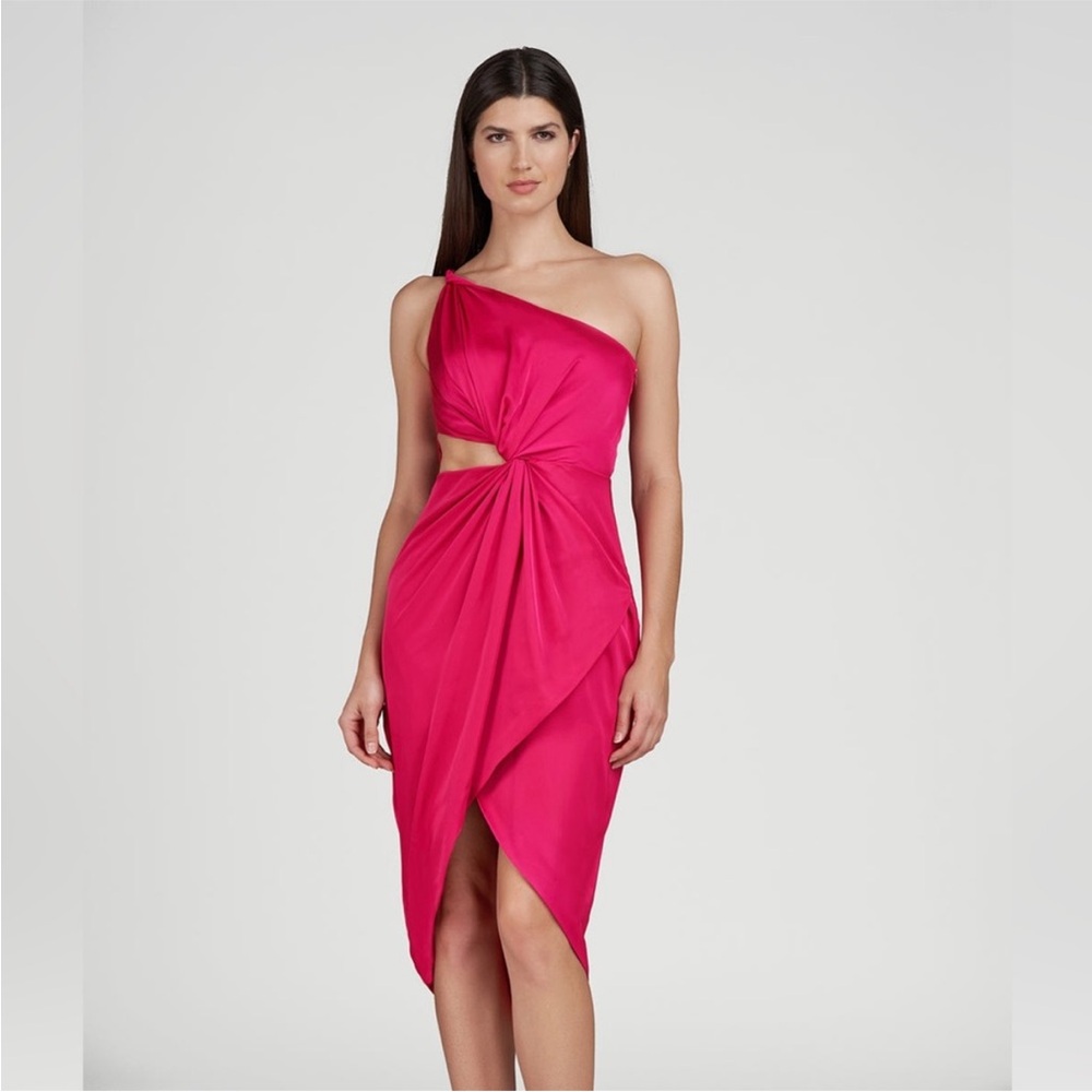 AMUR Deena One Shoulder‎ Midi Dress in Rosie Raspberry Hot Pink Satin Cut Out 4